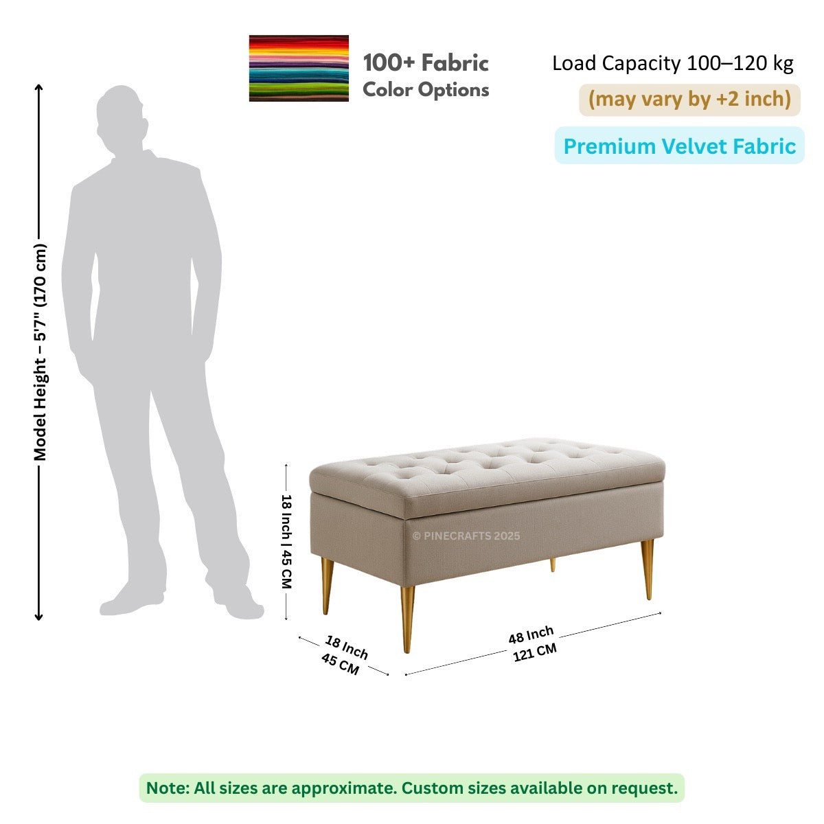 Beige upholstered bench with dimensions and fabric information on a white background