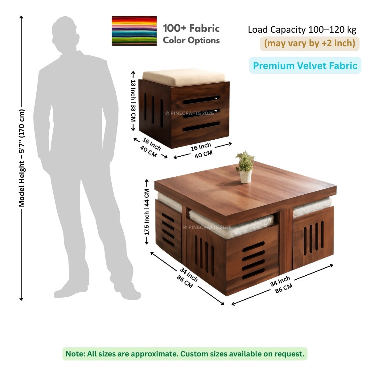 Wooden storage bench with dimensions and fabric color options displayed
