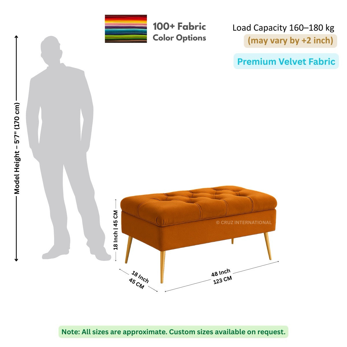 Orange tufted bench with dimensions and fabric information on a white background