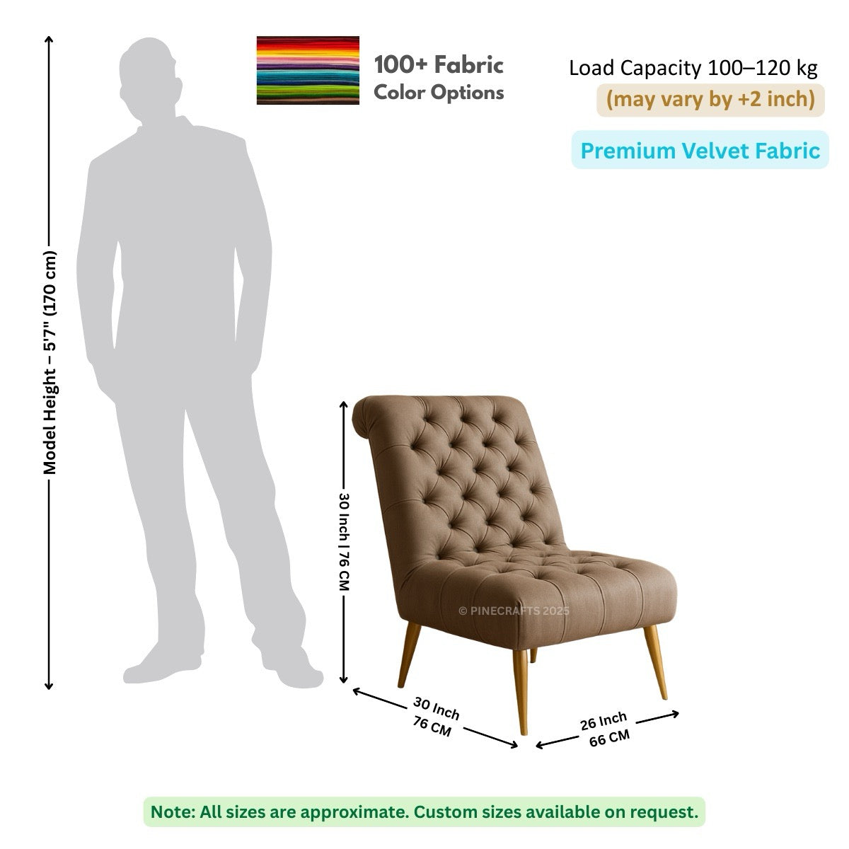 Brown upholstered chair with dimensions and fabric information on a white background