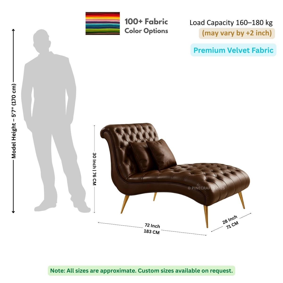 Brown leather chaise lounge with dimensions and fabric information on a white background