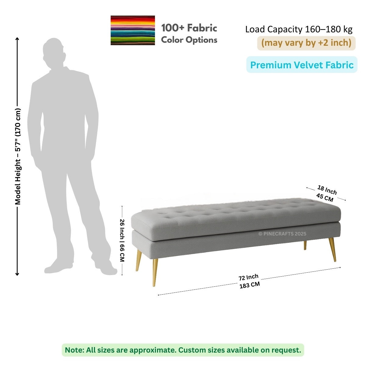 Gray bench with dimensions and fabric information on a white background