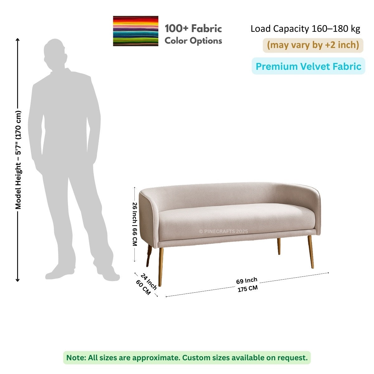 Beige sofa with dimensions and fabric information on a white background