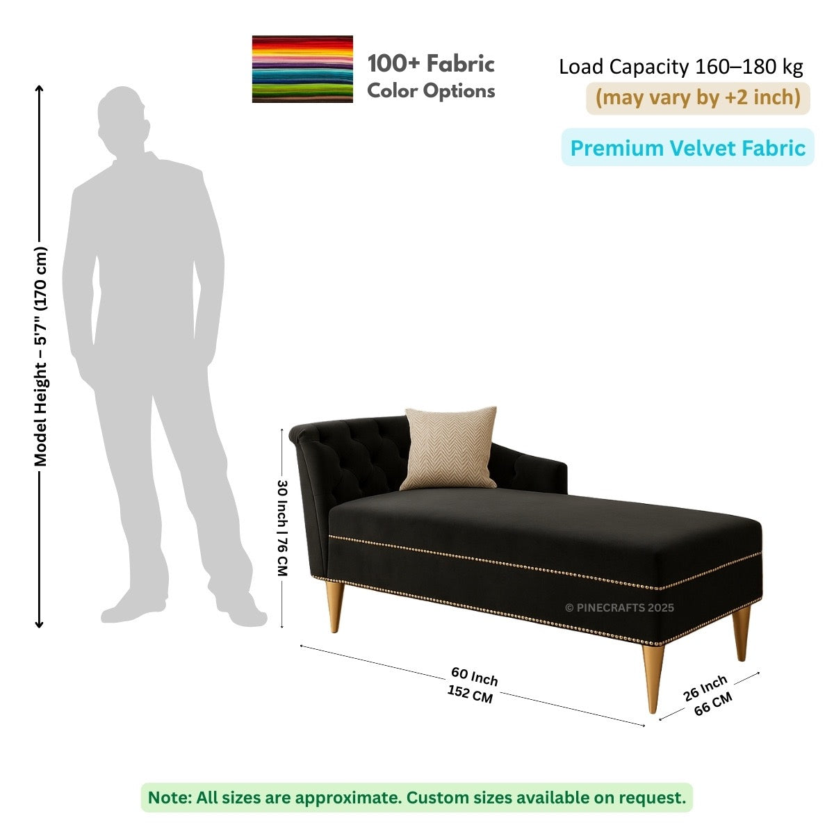 Black chaise lounge with dimensions and fabric information on a white background