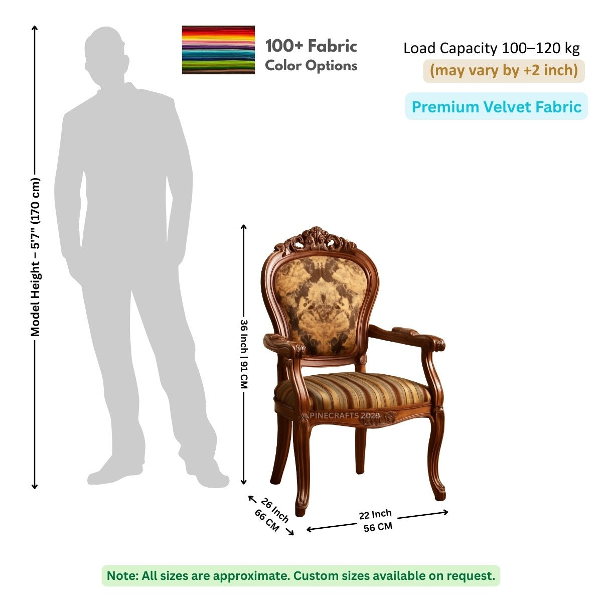 Decorative chair with dimensions and fabric information on a white background