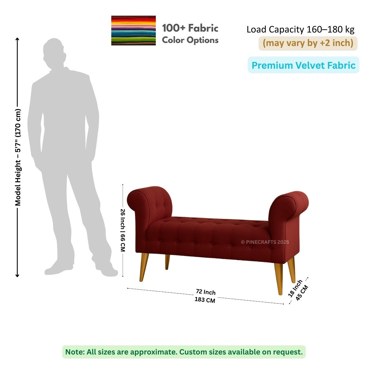 Red velvet bench with dimensions and fabric information on a white background