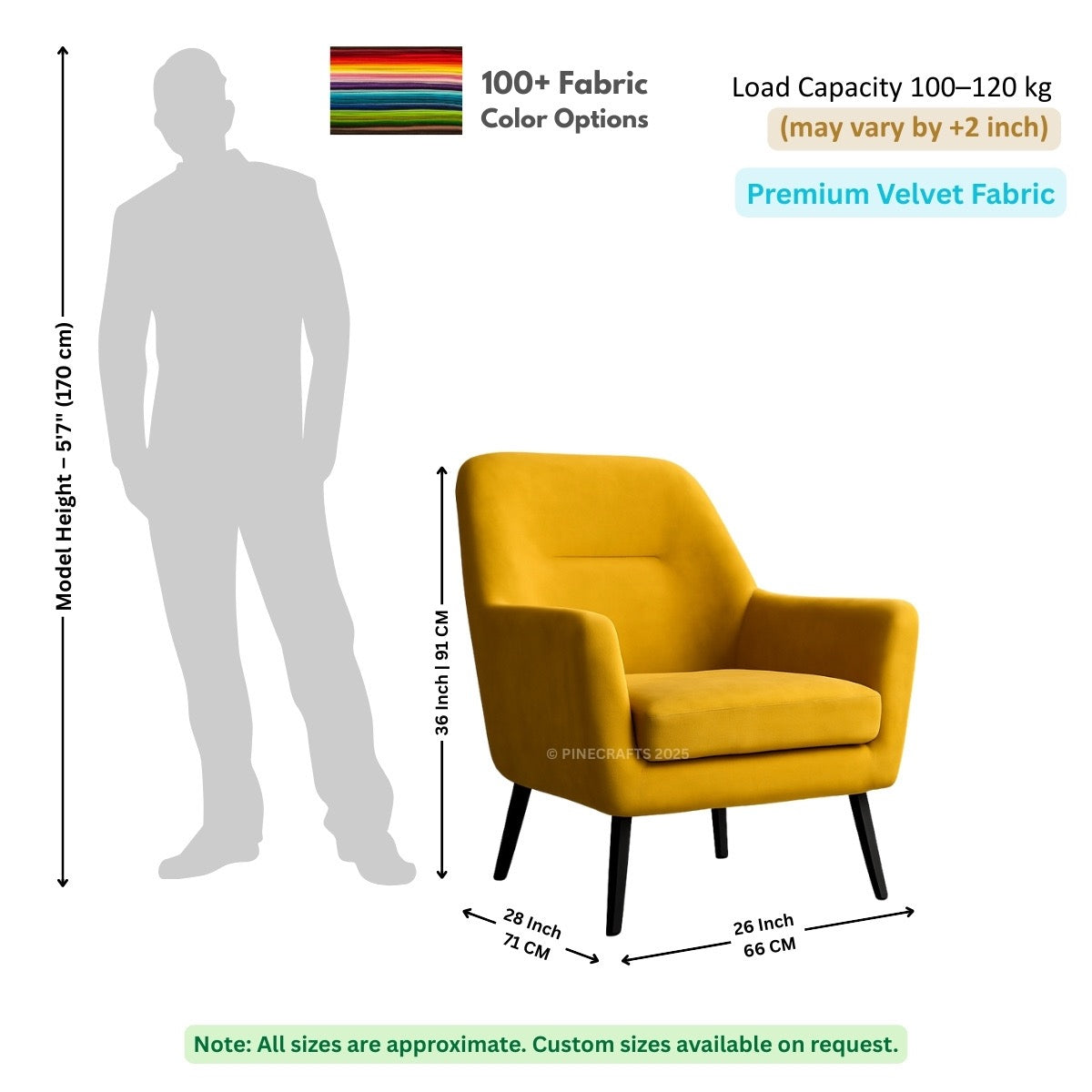 Yellow armchair with dimensions and fabric information on a white background