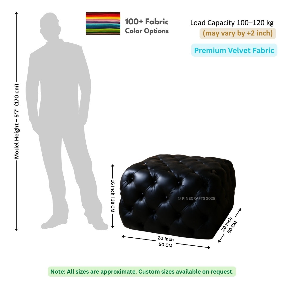 Black tufted ottoman with dimensions and fabric information on a white background