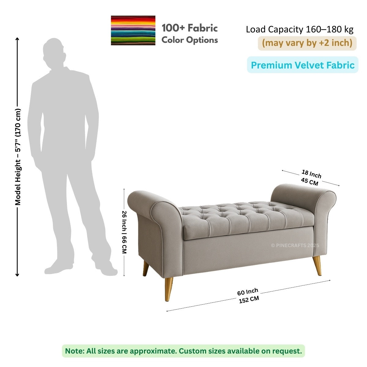 Gray tufted bench with dimensions and fabric information on a white background