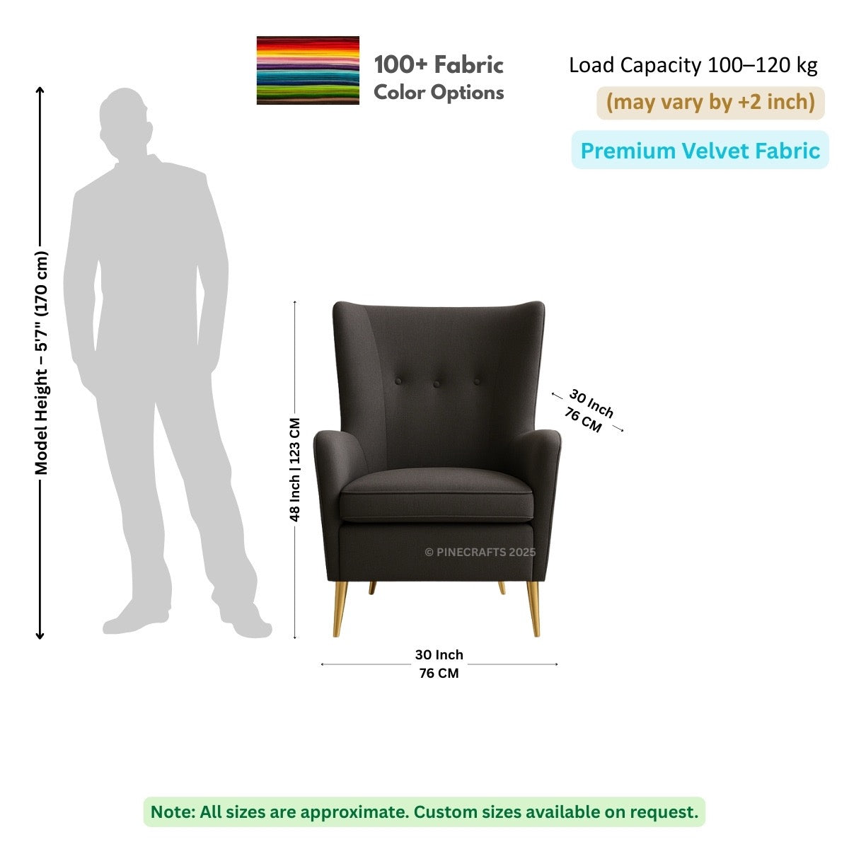 Dark gray armchair with dimensions and fabric information on a white background