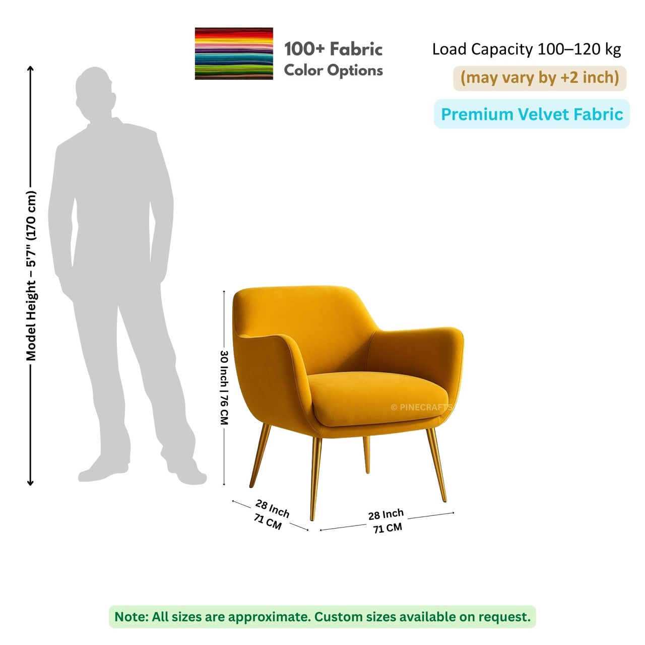 Yellow armchair with dimensions and fabric information on a white background