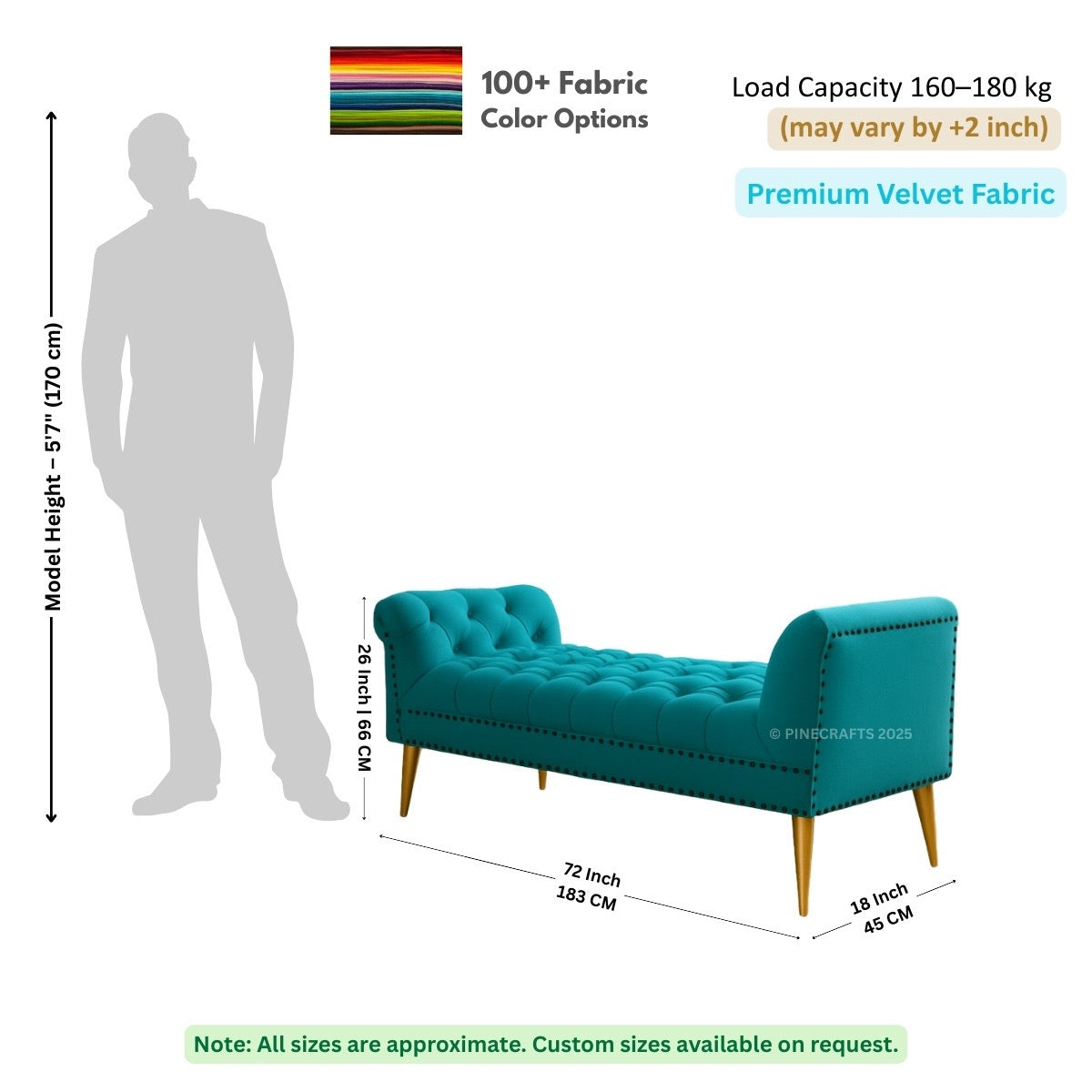 Teal bench with dimensions and fabric information on a white background