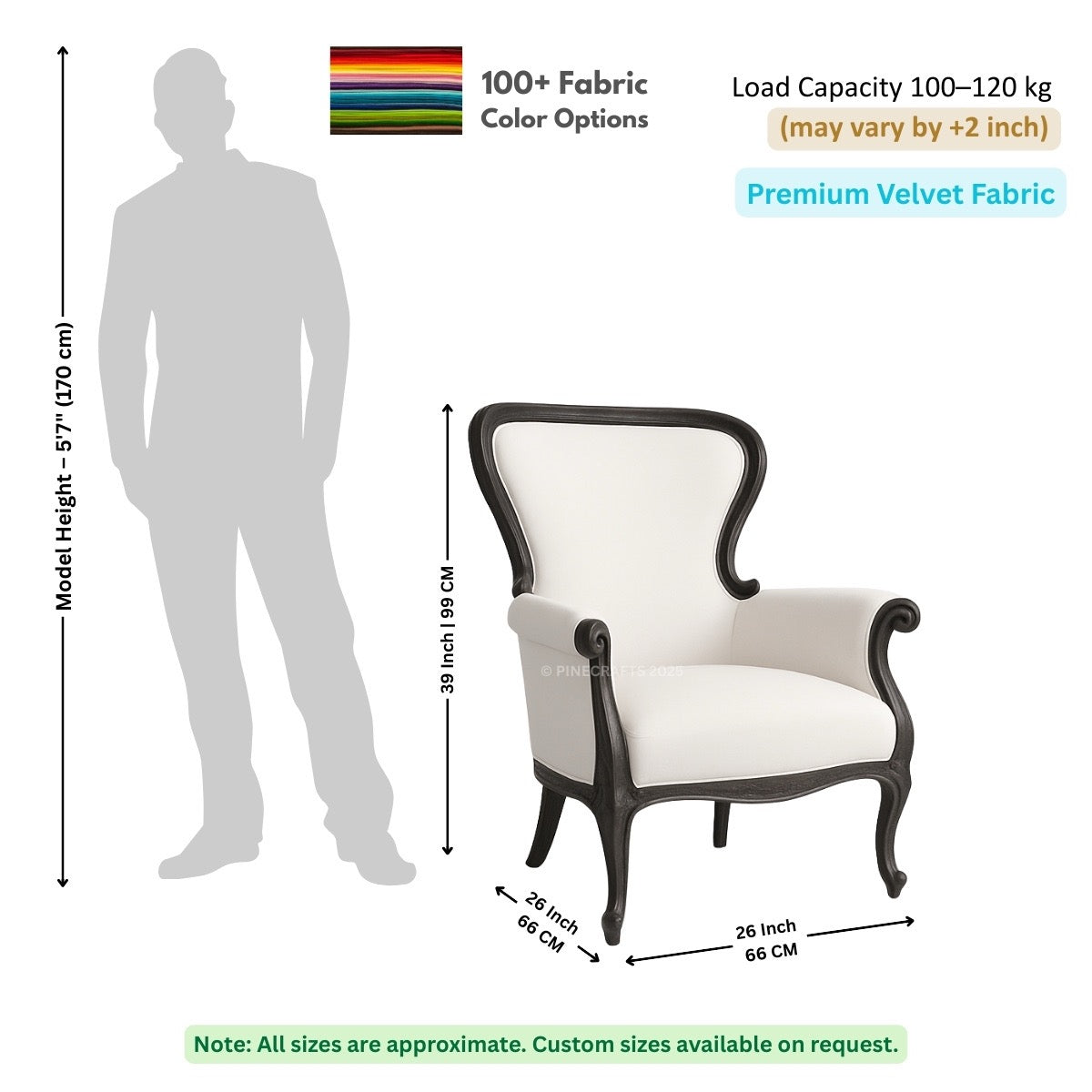 Chair dimensions with a person for scale, showing fabric color options and load capacity.