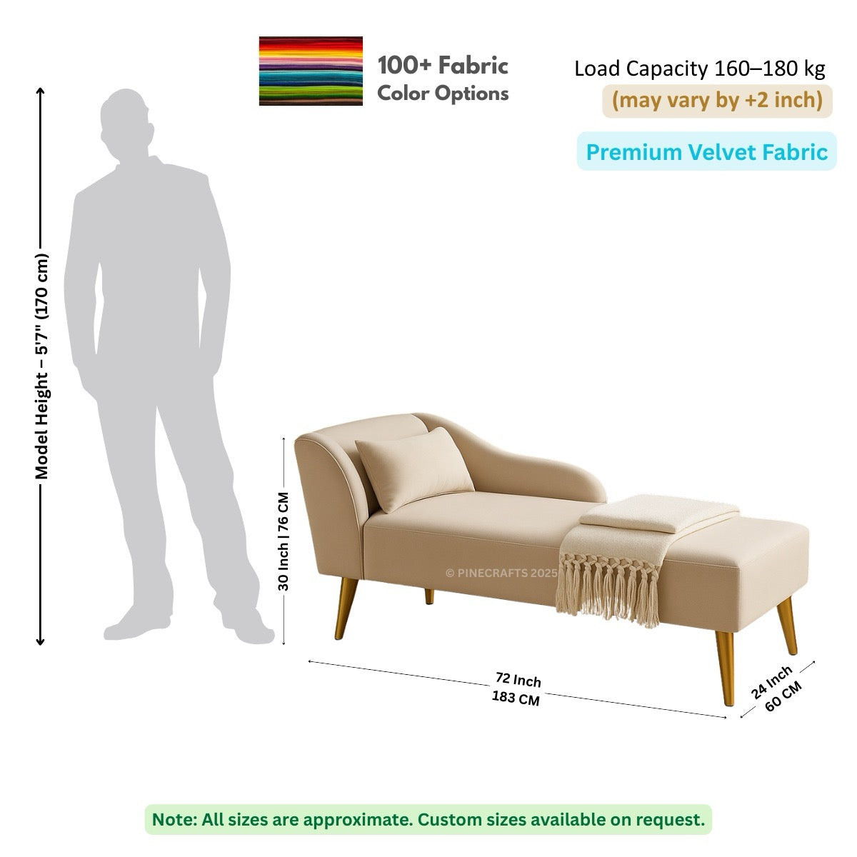 Beige chaise lounge with dimensions and fabric information on a white background