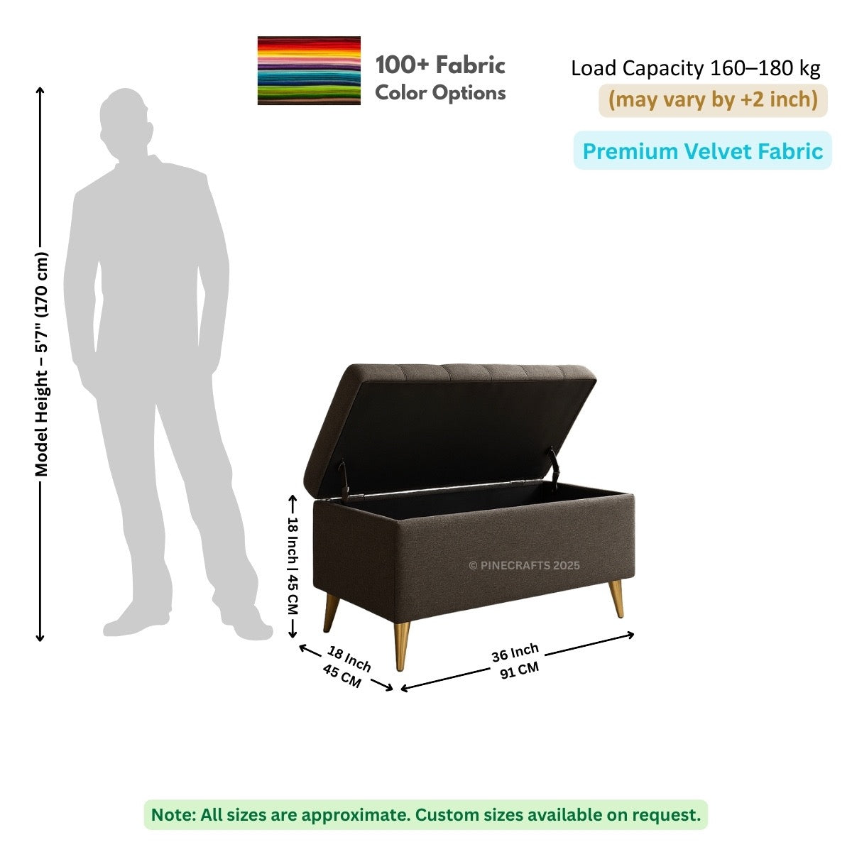 Brown storage bench with dimensions and fabric information on a white background