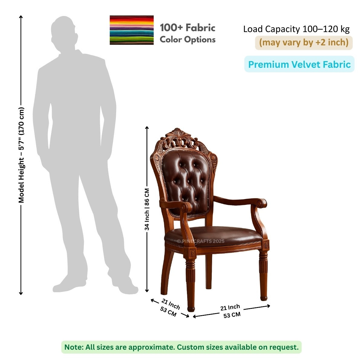 Chair dimensions with a human figure for scale, showing fabric color options and load capacity.