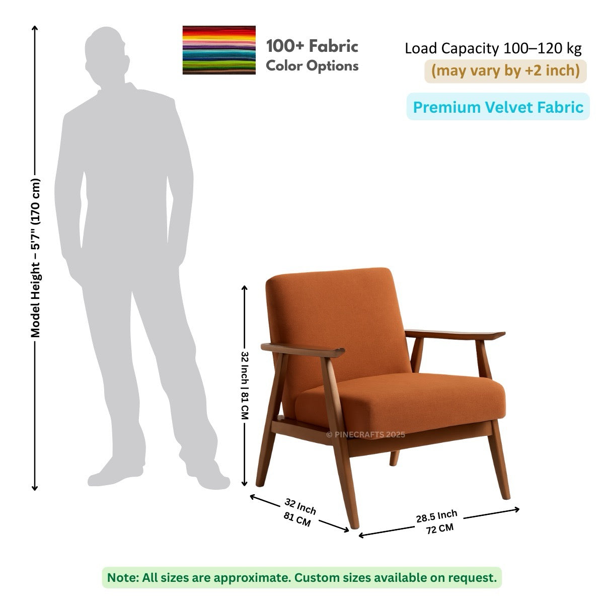 Orange armchair with dimensions and fabric information on a white background