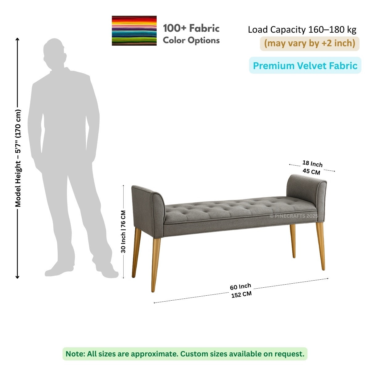 Gray tufted bench with dimensions and fabric information on a white background