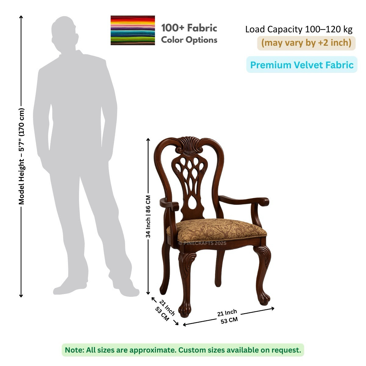Wooden armchair with dimensions and fabric information on a white background