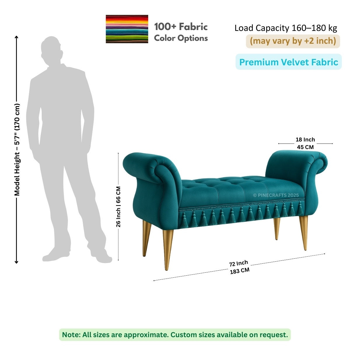 Teal velvet bench with dimensions and fabric information on a white background