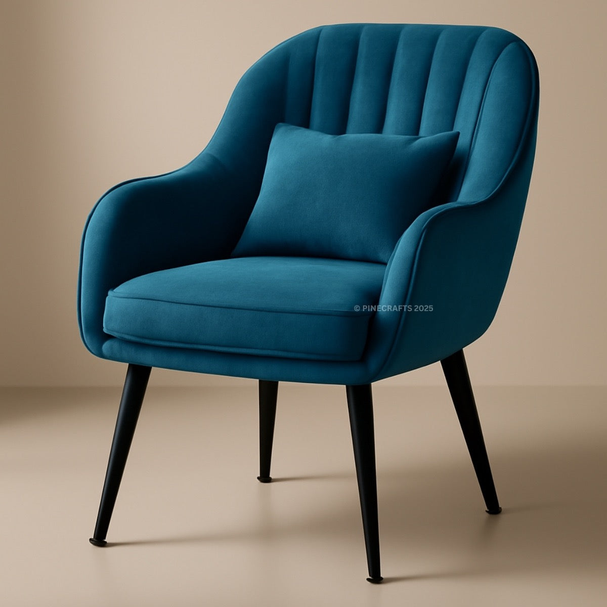 Blue armchair with a pillow on a beige background