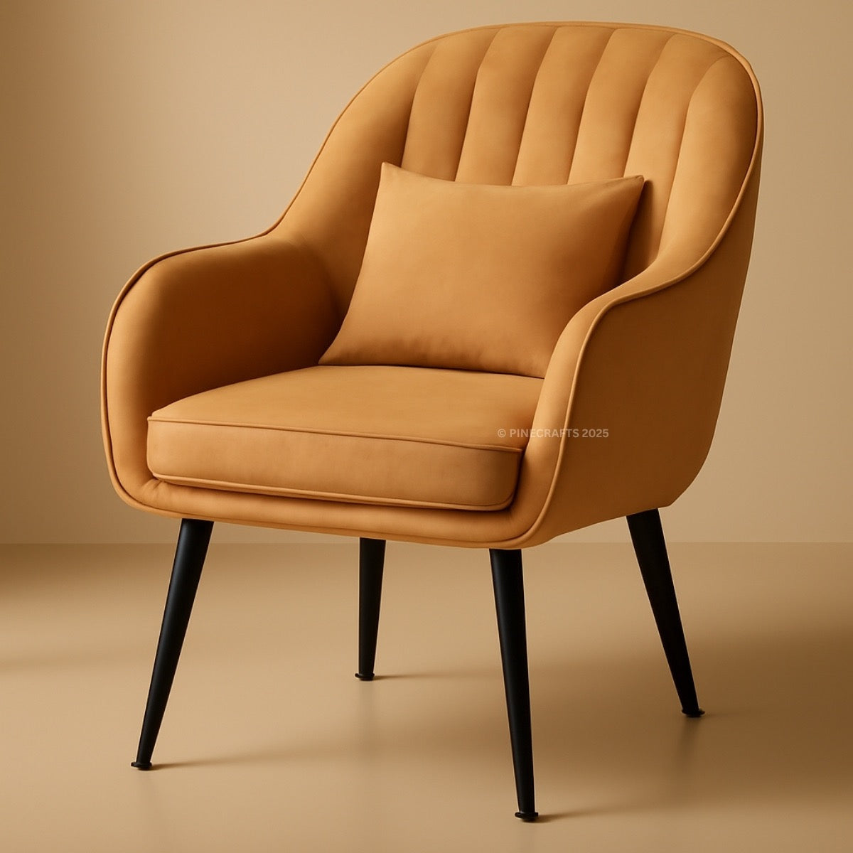 Mustard yellow armchair with a pillow on a beige background