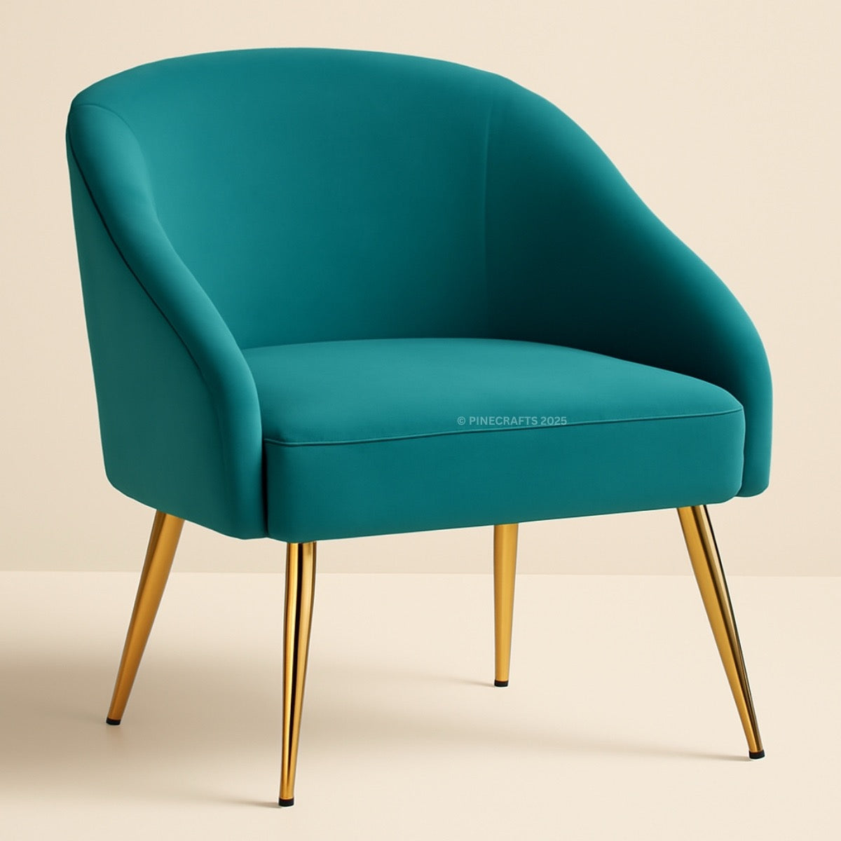 Teal armchair with gold legs on a beige background