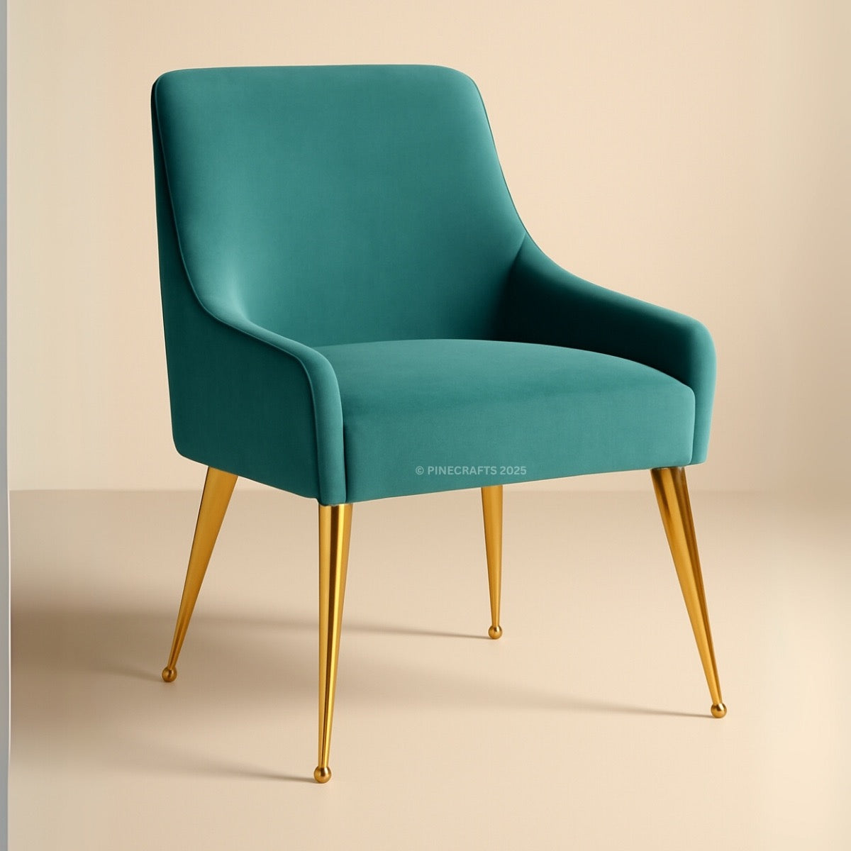 Teal chair with gold legs on a beige background