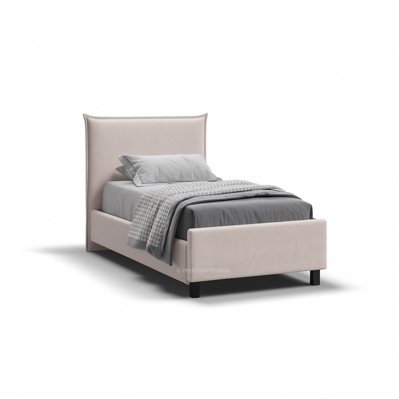 Beige upholstered bed with gray bedding on a white background