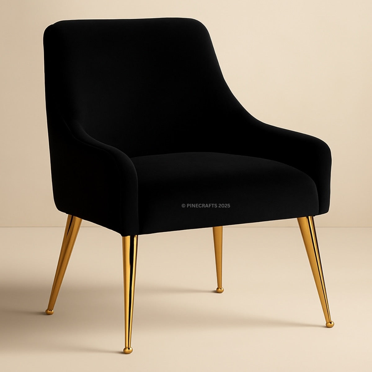 Black armchair with gold legs on a beige background