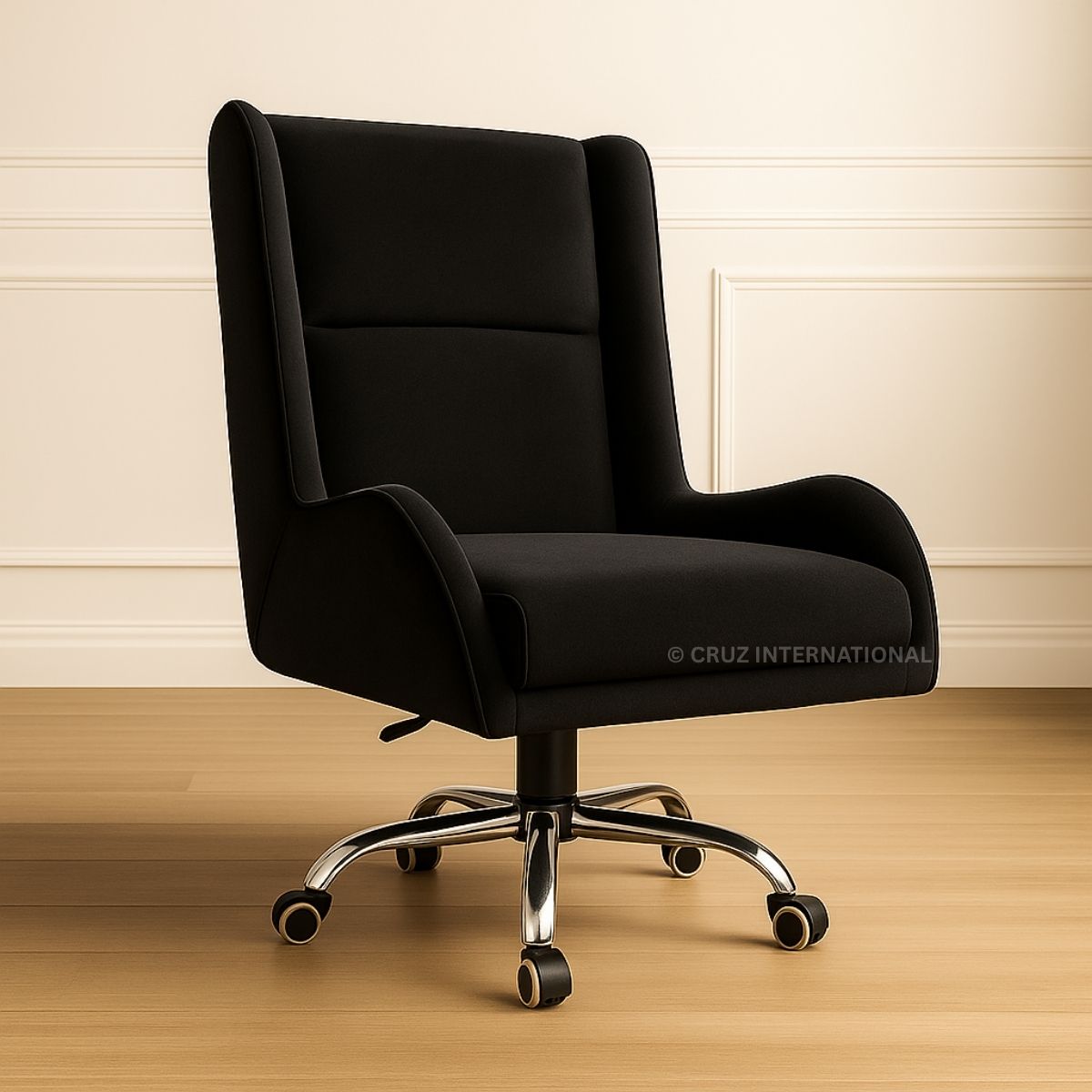 Black office chair with chrome base on a wooden floor and beige wall background