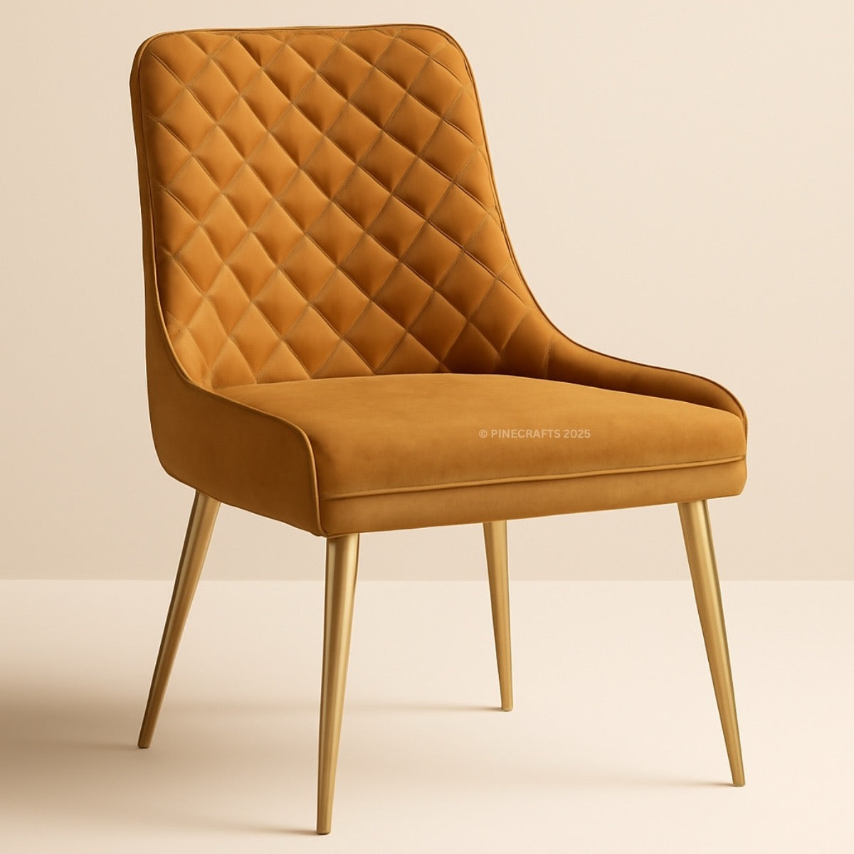 Brown quilted chair with gold legs on a beige background