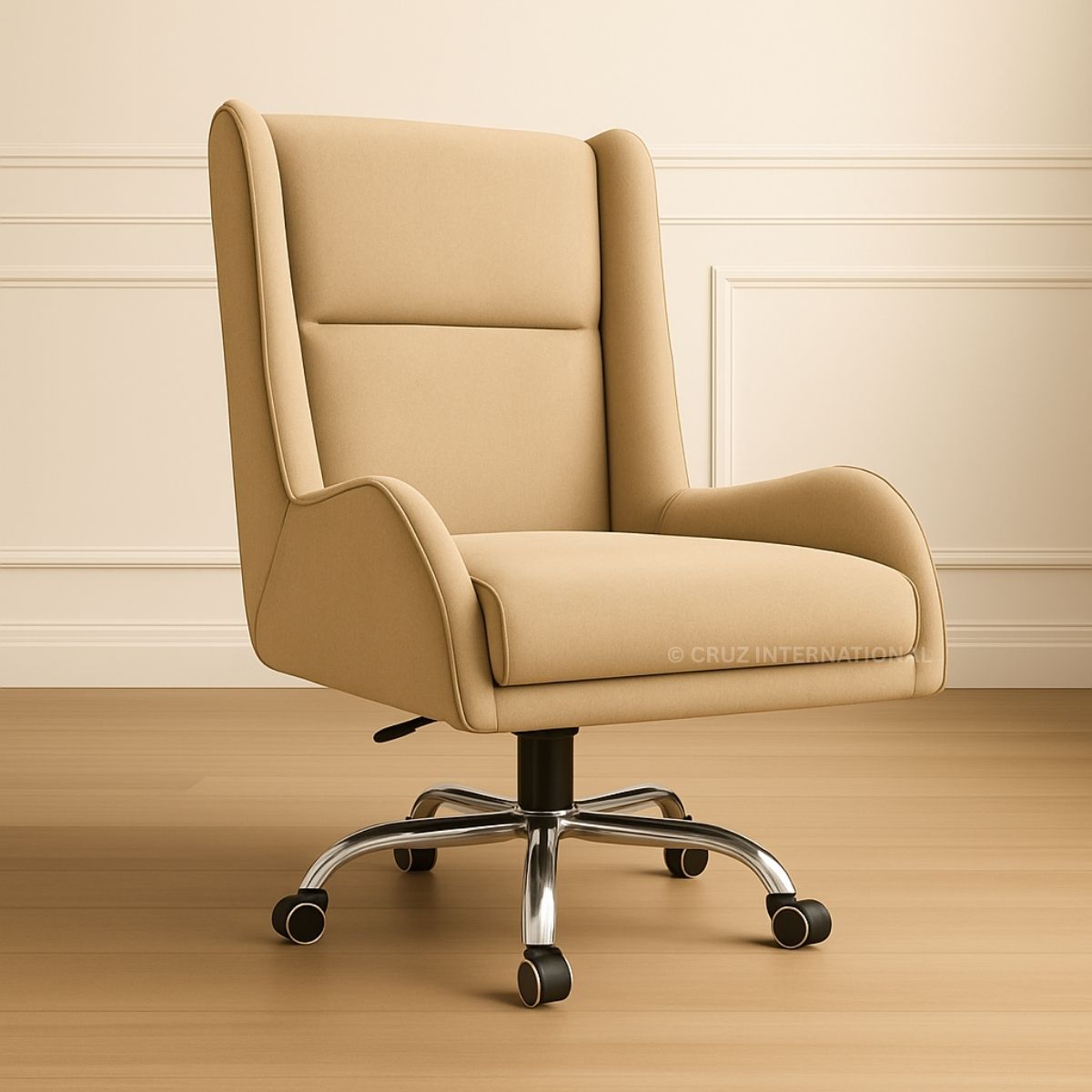 Beige office chair with a cushioned design on a wooden floor.