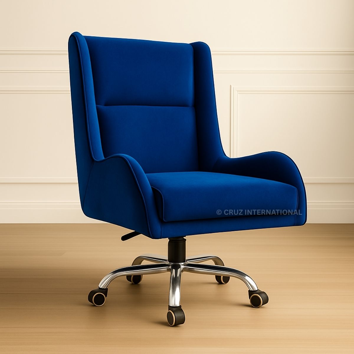 Blue office chair with a beige wall and wooden floor in the background