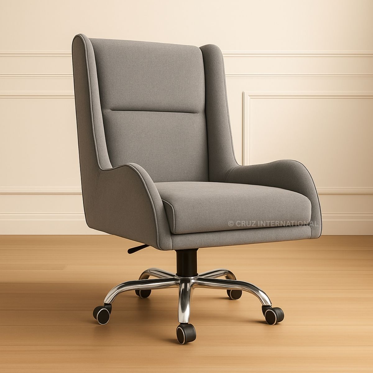 Gray office chair with a beige wall and wooden floor in the background