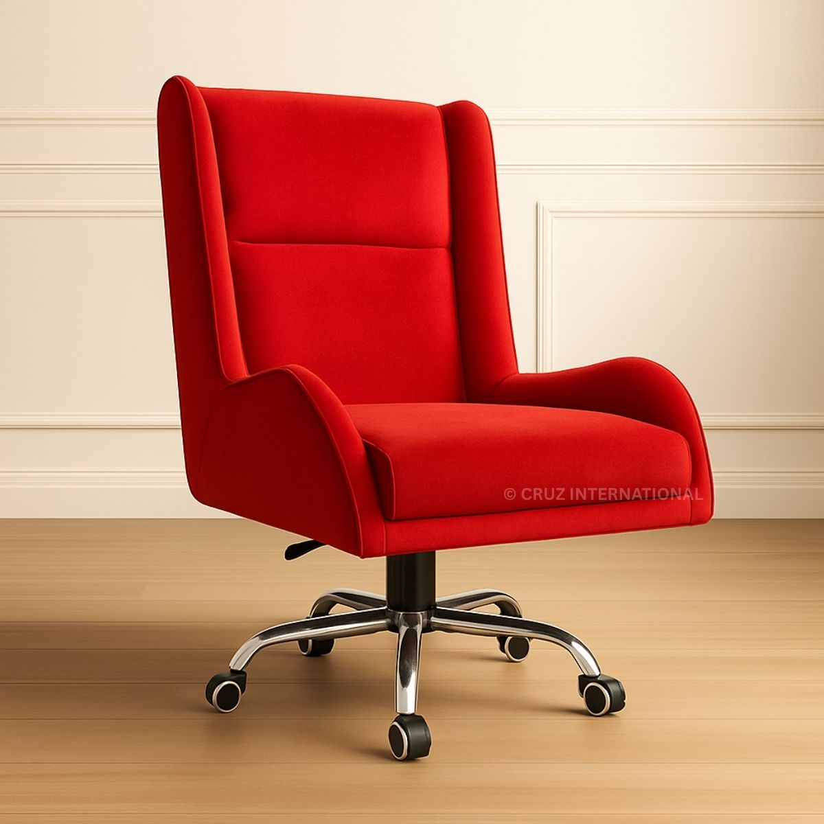 Red office chair with a beige wall and wooden floor in the background