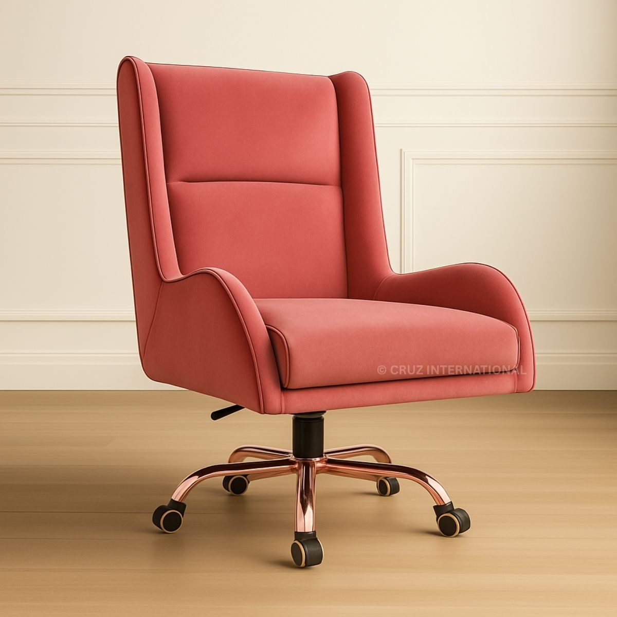 Pink office chair with rose gold base on a wooden floor and beige wall background