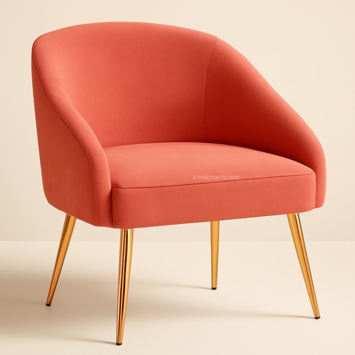 Coral-colored armchair with gold legs on a beige background