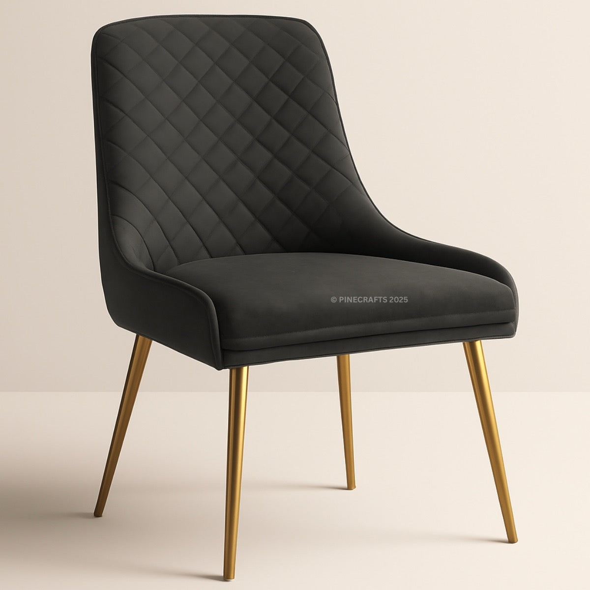 Black quilted chair with gold legs on a beige background