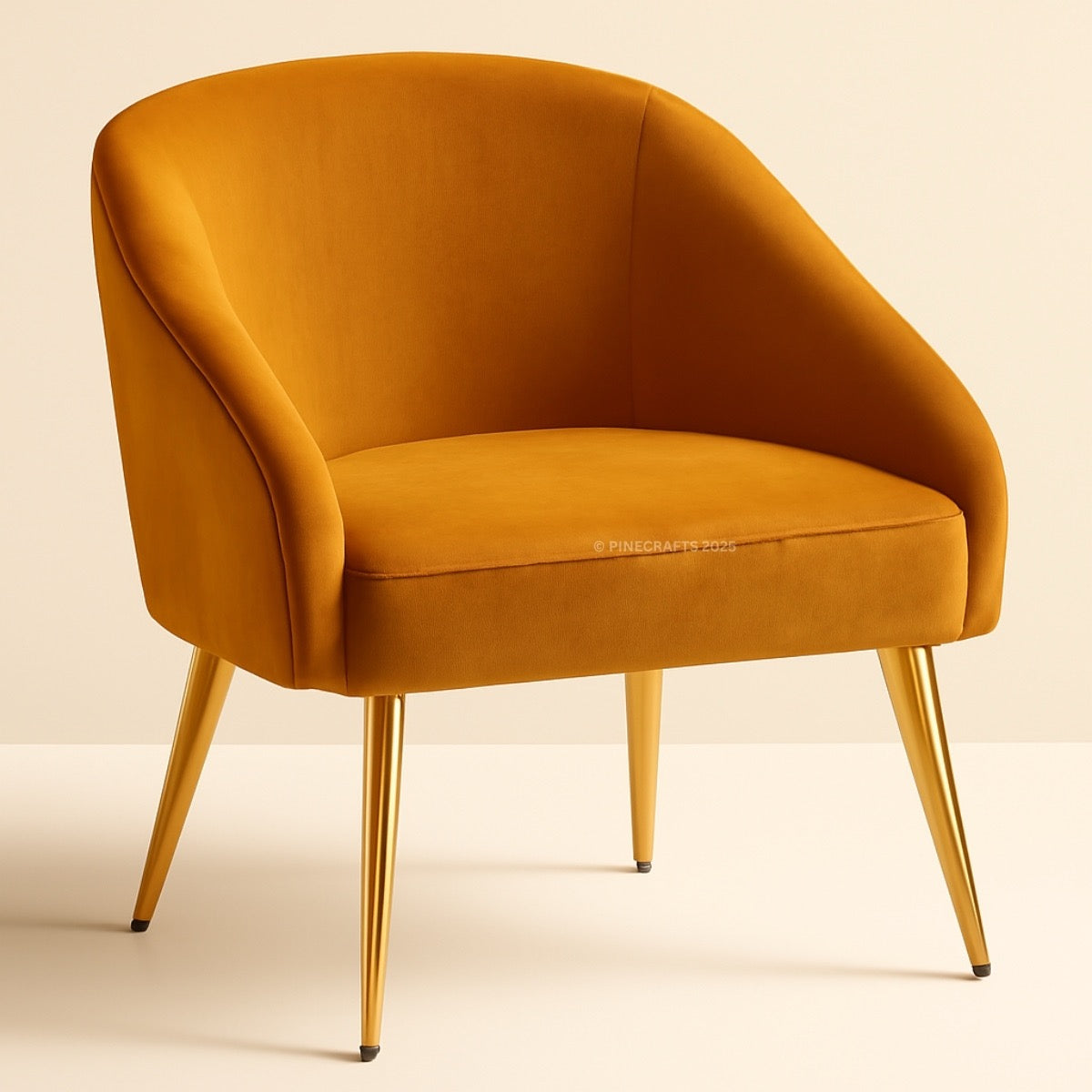 Mustard yellow armchair with gold legs on a beige background