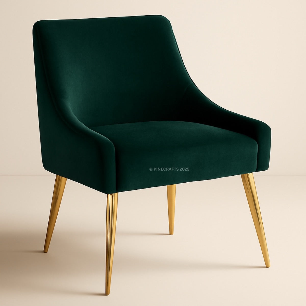 Green velvet chair with gold legs on a beige background