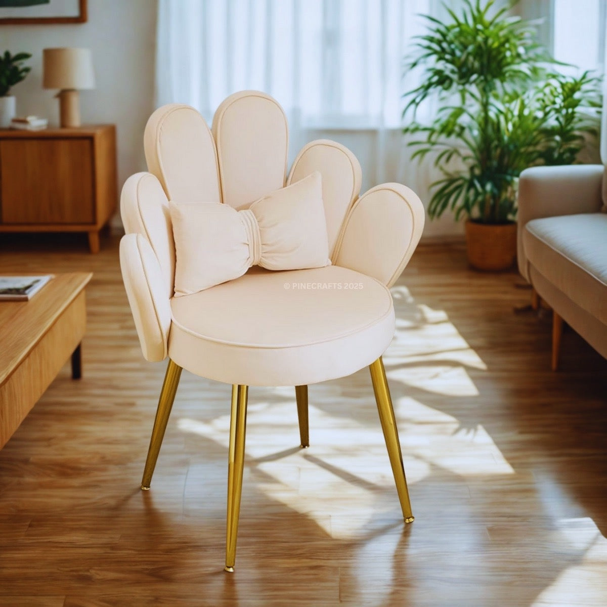 Beige chair with gold legs in a living room setting