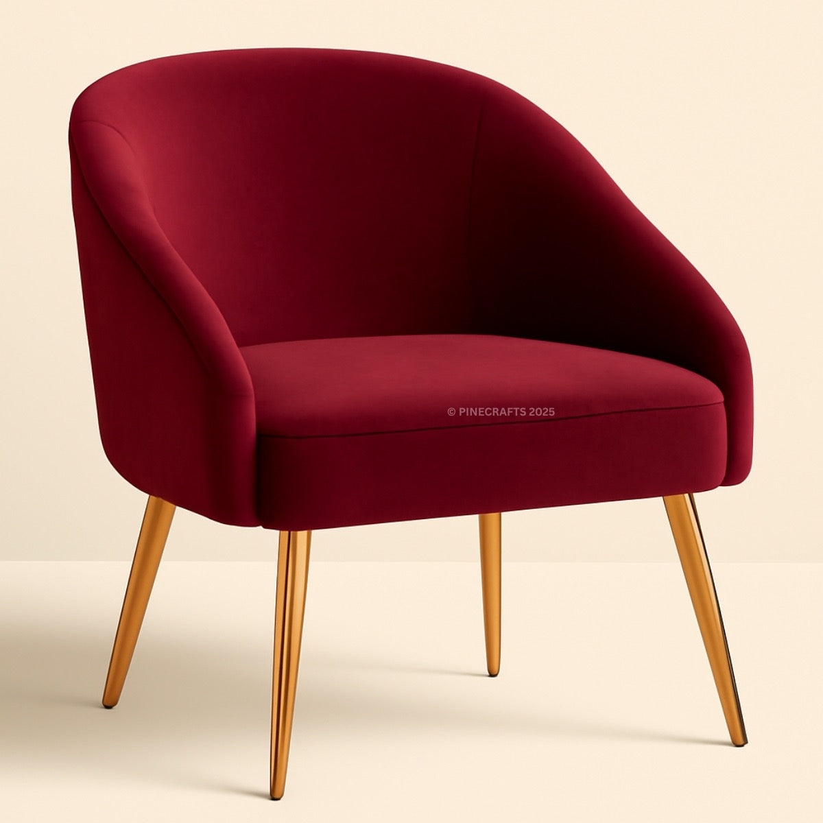 Red armchair with wooden legs on a beige background