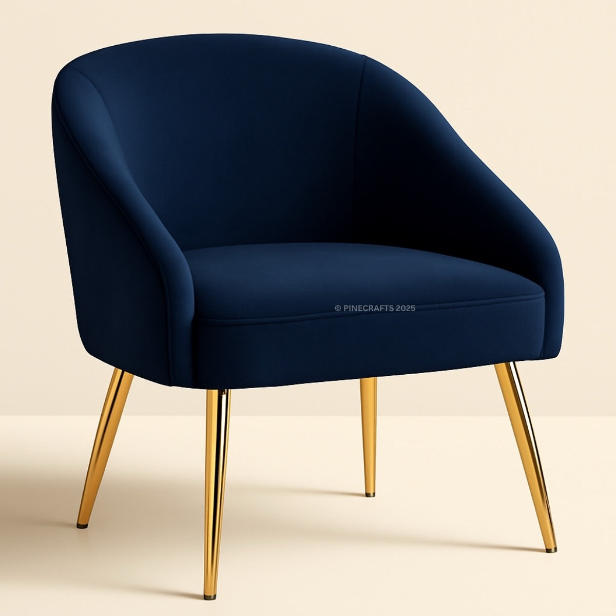 Navy blue chair with gold legs on a beige background