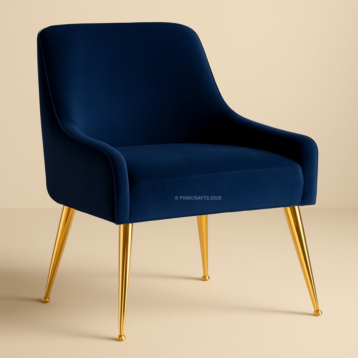Blue velvet chair with gold legs on a beige background