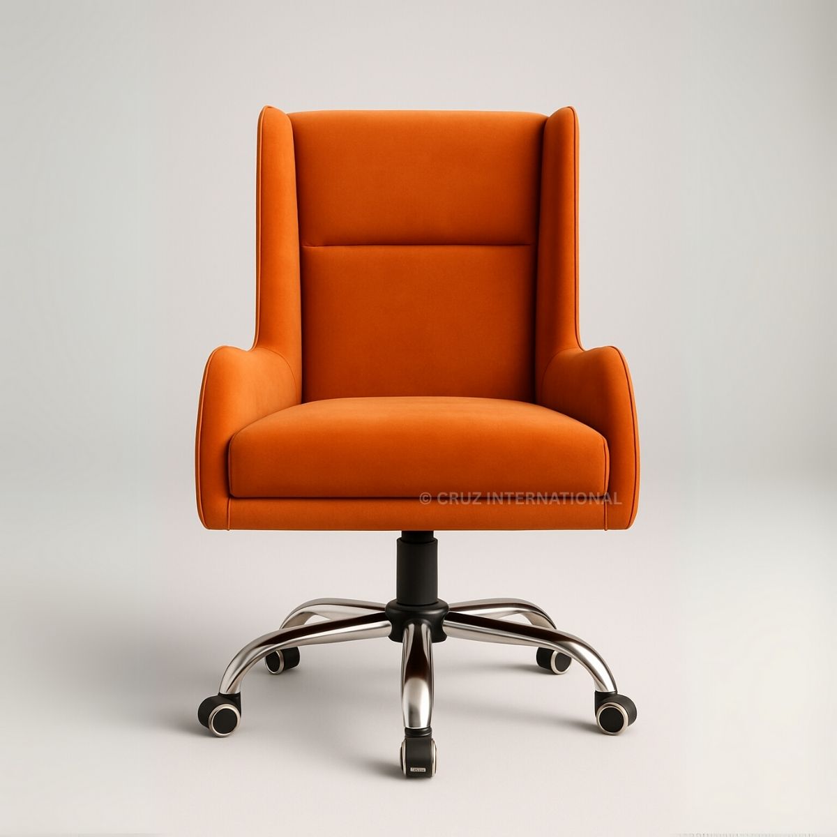 Orange office chair with a high backrest on a light gray background