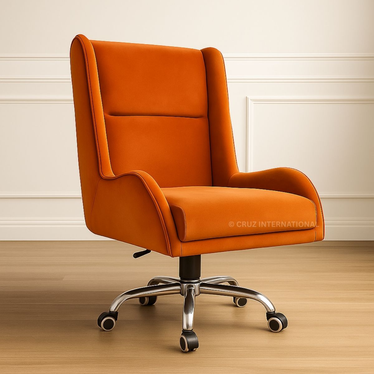 Orange office chair with a high backrest on a wooden floor and beige wall background.