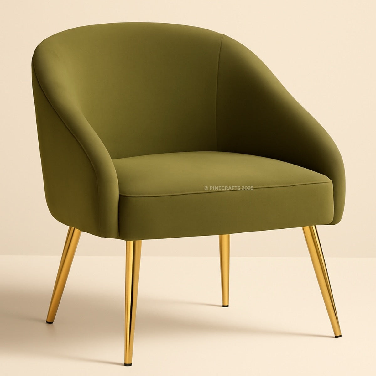 Green armchair with gold legs on a beige background