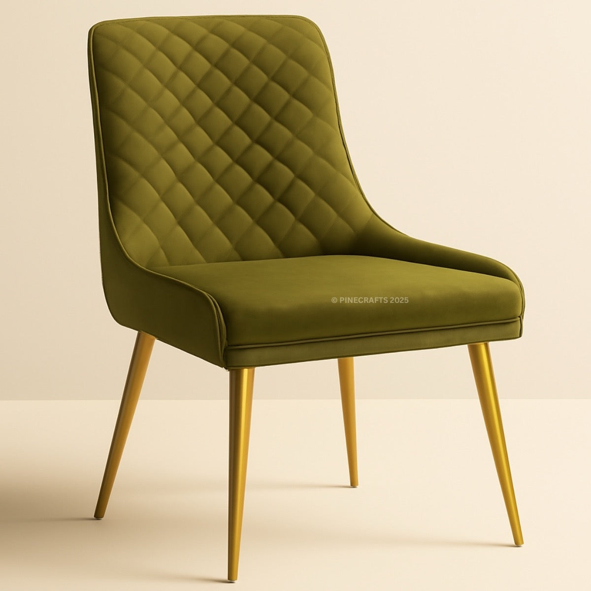 Green quilted chair with gold legs on a beige background
