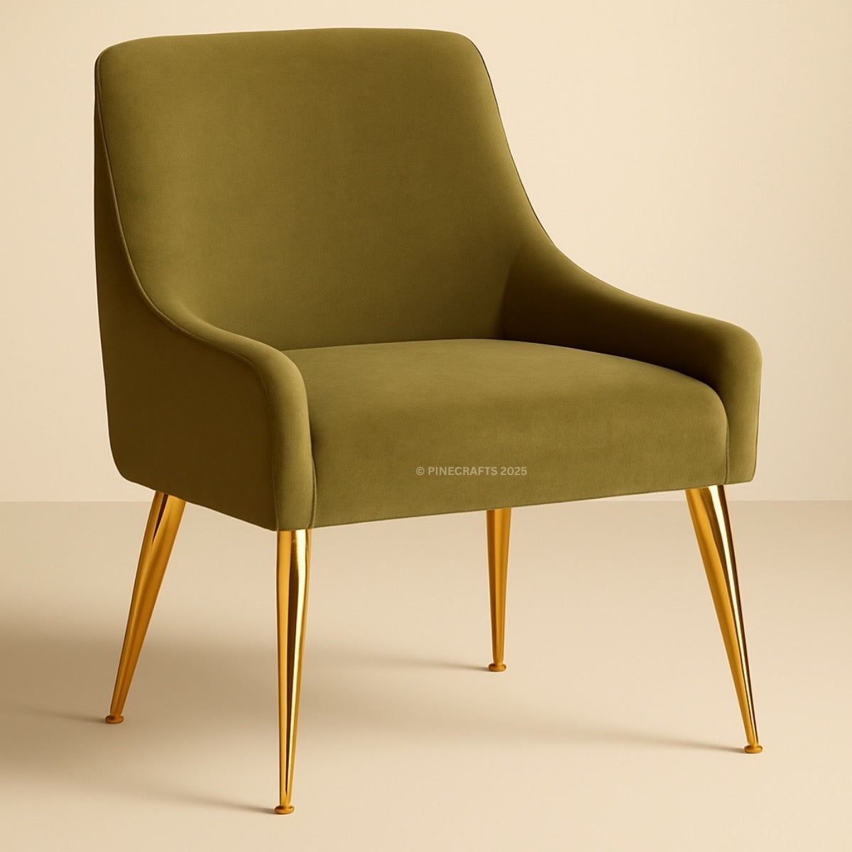 Green chair with gold legs on a beige background
